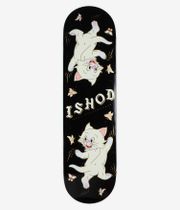 Tavola da skateboard Real Ishod Kitten Scratch Twin Tail da 8,5" — vista completa dal basso: tavola completamente nera con due gatti da cartone animato color crema/bianco (uno capovolto), dettagli rosa sulle zampe e sul muso, contorni beige/oro, piccole farfalle e le scritte in stile gotico "ISHOD" e "REAL SKATEBOARDS". Immagine pulita da studio; sfondo bianco.