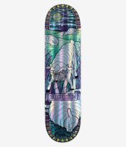 Planche de skateboard « Real Busenitz Holographic Cathedral » de 8,38 pouces, vue complète du dessous montrant une face inférieure holographique multicolore avec une scène illustrée représentant des moutons dans un vitrail, des motifs de lune et de roseaux, ainsi que les inscriptions « BUSENITZ » et « REAL ». Image studio nette ; fond blanc.