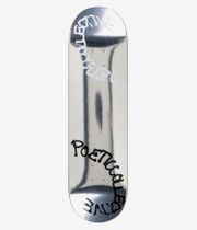 Poetic Collective Spray Foil 8.625" Skateboard Deck, full bottom view: reflective silver foil surface with large hand-drawn black and white arced lettering reading "Poetic Collective"; clean studio image; white background