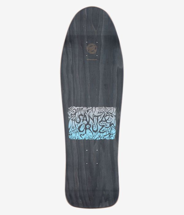 Santa Cruz Knox Firepit Reissue 10,07" Skateboard-Deck, Ansicht von oben: Deck in anthrazitfarbener Holzmaserung mit einem mittig angeordneten hellblauen, rechteckigen Motiv aus weißen Zierwirbeln und einem kleinen Santa Cruz-Logo. Klares Studiobild; weißer Hintergrund.