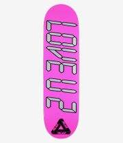 PALACE LUV U 2, planche de skateboard de 8,375" : vue de dessous complète. Planche rose vif ornée, au centre, de grandes lettres cubiques blanches et grises en relief, soulignées de noir, ainsi que d'un logo PALACE triangulaire noir près du tail. Image studio épurée ; fond blanc.