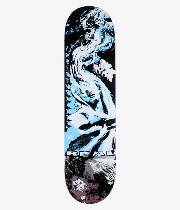 Planche de skateboard « Real Toby Duplicator » 8,25 pouces, vue de dessous complète — fond blanc de la planche avec un graphisme en noir et bleu clair représentant un visage stylisé et des cheveux ondulés ; logo « REAL » blanc au milieu à droite. Image de studio nette ; fond blanc.