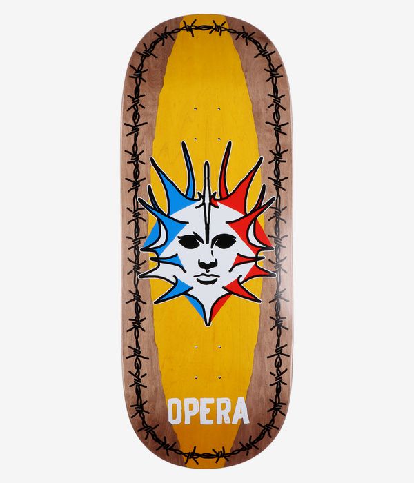 Opera Fatties Torn Spike 12" Skateboard Deck, full bottom view: yellow deck center with brown wood-grain border, central white stylized face with red and blue spikes, black barbed-wire border and white "OPERA" text. Clean Studio image; white background