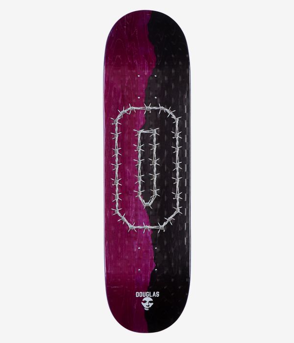 Tavola da skateboard Opera Douglas Big O da 8,5", vista completa del fondo: parte inferiore bicolore bordeaux e nero con una grande grafica bianca raffigurante del filo spinato centrata verticalmente e la scritta "DOUGLAS" in bianco con il logo a forma di volto vicino alla coda. Immagine pulita da studio; sfondo bianco.