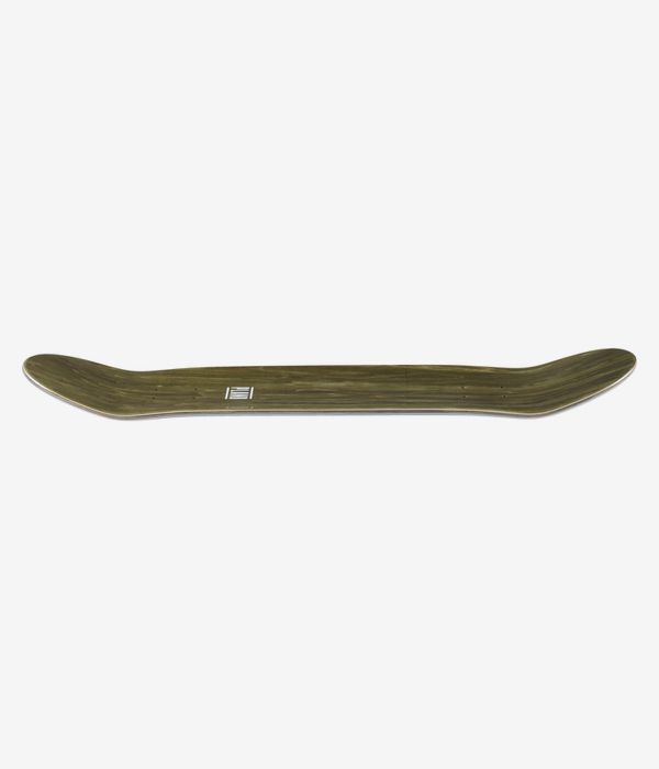 Tavola da skateboard Plan B Team Slanted Twintip da 8,375", vista di profilo a tutta lunghezza che mostra il concavo con nose e tail rialzati, venature naturali del legno con finitura verde-marrone e sottile bordo in compensato bianco. Immagine pulita da studio; sfondo bianco.