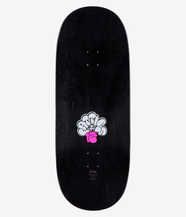 Opera Fatties Torn Spike 12" Skateboard Deck, full top view: solid black woodgrain deck with small centered cartoon-style white and bright pink character graphic and 'Opera' text; clean studio image, white background.