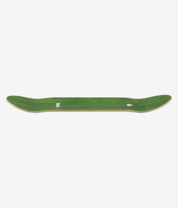 Baker Peterson Markenlogo Camo 8,25" Skateboard-Deck – Profilansicht in voller Länge, die die konkave Nose und das Tail zeigt; Oberfläche aus durchgefärbtem grünem Holz mit freiliegenden Kanten aus Holzfurnier und kleinen weißen Logo-Markierungen. Klares Studiobild; weißer Hintergrund