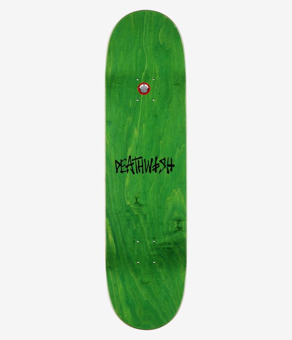 Deathwish Foy Loverboy 8.25" Skateboard Deck, full top view: bright green stained wood-grain surface with centered black 'Deathwish' typographic logo and small red-and-white circular sticker near the top. Clean studio image; white background.