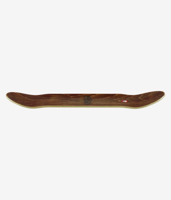 Deathwish Heat 8,25-Zoll-Skateboard-Deck in Naturholzoptik mit sichtbarer Holzmaserung, cremefarbenen Kanten und einem kleinen roten, runden Logo nahe dem Tail; Profilansicht über die gesamte Länge, die die Konkavität sowie Nose und Tail zeigt. Sauberes Studiobild; weißer Hintergrund.