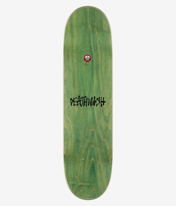 Deathwish Hayes After Dinner 8,38" Skateboard-Deck, Vollansicht von oben – grün gebeiztes Deck mit Holzmaserung, zentriertem schwarzem „Deathwish“-Schriftzug und einem kleinen rot-weißen runden Aufkleber nahe der Nose. Klares Studiobild; weißer Hintergrund.