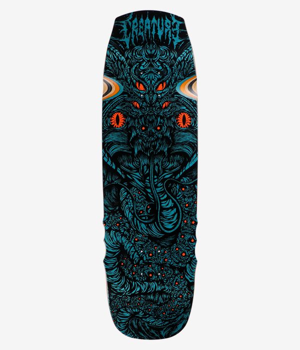 Planche de skateboard Creature Hitz Cobra Pro 9", vue de dessous : face inférieure noire ornée d'un monstre illustré en turquoise vif et d'un motif de crâne, avec des yeux orange répétés et des accents de couleur crème sur les bords. Image studio nette ; fond blanc