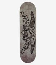 Planche de skateboard « Anti Hero Treasure Island Eagle » 8,5 pouces, vue de dessous : planche grise texturée ornée d'un grand aigle de style vintage aux contours noirs et d'une banderole portant l'inscription « Treasure Island » centrée ; image studio nette ; fond blanc