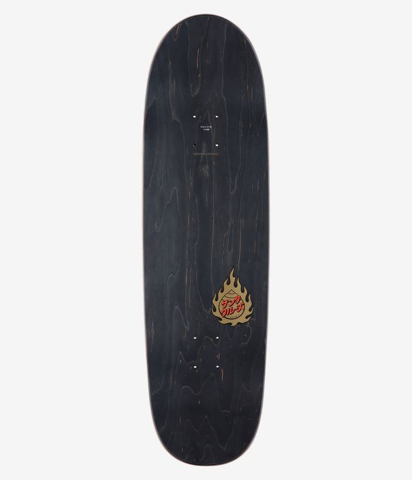 Planche de skateboard Santa Cruz Dressen Sword Pro Shaped 9,25", vue de dessus complète : surface en bois teinté noir avec un petit logo en forme de flamme jaune et rouge près du centre inférieur ; image studio nette ; fond blanc.