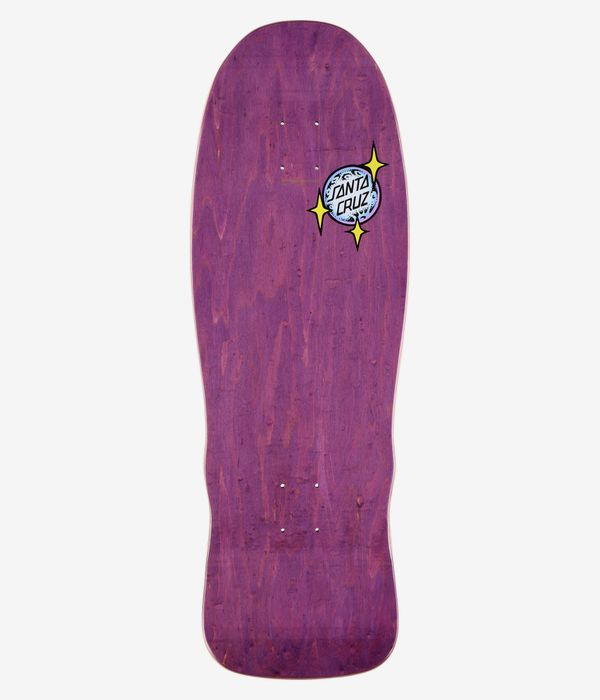 Santa Cruz Winkowski Cosmic Pro Shaped 10.35" Skateboard Deck, full top view: solid purple stained wood-grain surface with small circular Santa Cruz logo (light-blue, white, black, yellow stars) upper-right. Clean studio image; white background.