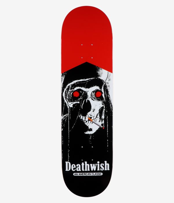 Deathwish Ellington Classic V2 8.475" Skateboard Deck, full bottom view — solid black deck with large central black-and-white skull graphic, red eye circles, lit cigarette detail and white “Deathwish” text. Clean studio image; white background.