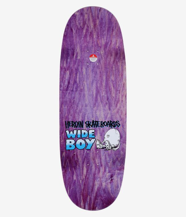 Planche de skateboard Heroin Skateboards « Wide Boy Face » 10,75 pouces, vue de dessus complète : planche au motif bois teintée en violet, avec un motif cartoon regroupé en bas au centre — un visage blanc penché en arrière, le texte « Wide Boy » en bleu vif et le logo de la marque. Image studio nette ; fond blanc