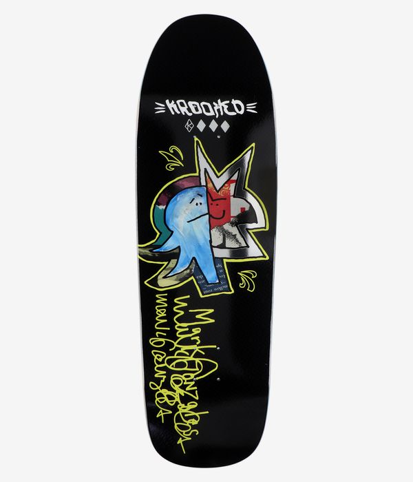 Planche de skateboard Krooked Gonz Sig 9,81", vue de dessous : face inférieure entièrement noire avec un grand personnage de bande dessinée bleu centré sous la face supérieure, un écusson rouge en forme d'étoile et des reflets blancs, l'inscription « Mark Gonzales » en cursive jaune et des contours jaune fluo ; logo « Krooked » blanc près du haut. Image studio nette ; fond blanc.