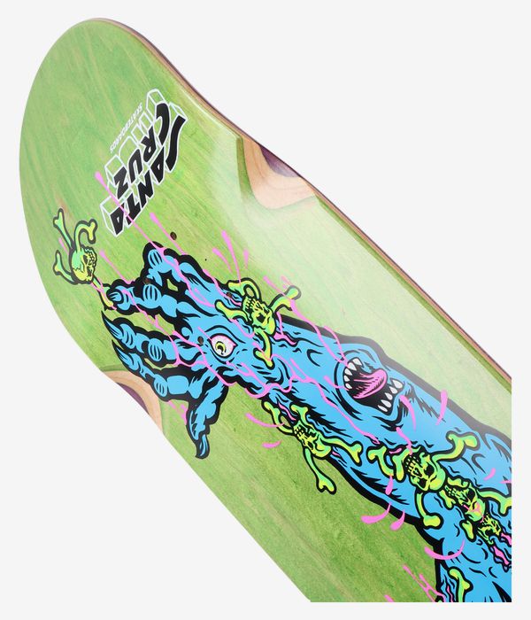 Cropped detail view of Santa Cruz Roskopp Screaming Arm Pro 9" skateboard deck: light green wood-stained surface with bold cartoon blue screaming arm graphic, pink accents, neon yellow skull motifs and white Santa Cruz logo. Clean studio image; white background.