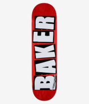 Baker Brand Logo B2 CC 8.25" Skateboard Deck, full bottom view: red deck underside with large vertical white letter blocks outlined in black spelling 'Baker' and small 'Skateboard Co.' text; Clean Studio image; white background