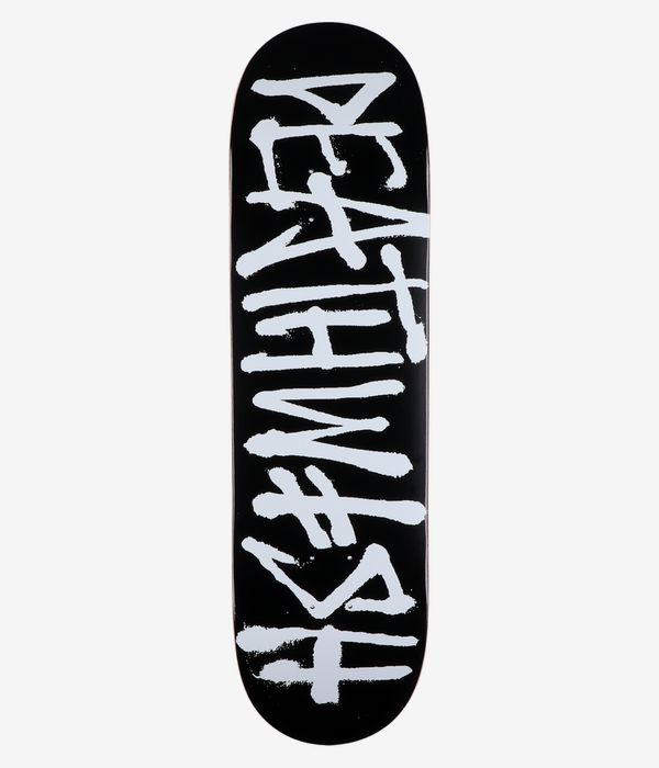 Deathwish Deathspray CC 8,75" Skateboard-Deck, Ansicht von unten: komplett schwarzes Deck mit großem vertikalem weißem Tag im Graffiti-Stil und Farbtropfen, die mittig über das Deck verteilt sind. Sauberes Studiofoto; weißer Hintergrund.