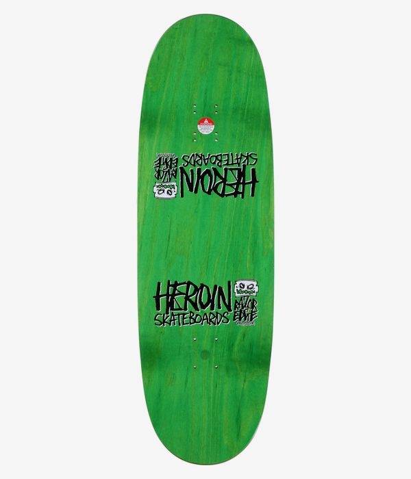 Planche de skateboard « Merged Tall Boy 10,25 pouces » de la marque Heroin Skateboards, vue de dessus complète — planche vert vif à motif bois, ornée de grands logos noirs « Heroin Skateboards » et de petites icônes représentant des crânes en noir et blanc dans des cadres ; image studio nette ; fond blanc