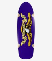 Planche de skateboard Anti Hero Team Shaped Eagle The Caster 10,125" – vue de dessous complète : face inférieure de la planche violet uni, ornée d’un aigle illustré en jaune et noir aux traits marqués et d’une bannière ondulante portant l’inscription « Anti Hero Skateboards » ; accents circulaires turquoise et beige. Image studio nette ; fond blanc.