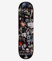 HOCKEY Todd Burguesa Shape n° 1, planche de skateboard de 8,25 pouces, vue de dessous : planche noire ornée d'un collage coloré — crâne teinté de bleu en haut, visages et crânes superposés, texte blanc et rouge comprenant le mot « HOCKEY » vers le bas au centre. Image studio nette ; fond blanc