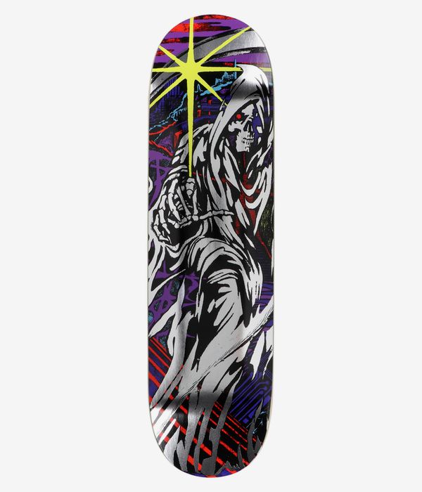 HOCKEY Kadow Reaper Ben Shape, planche de skateboard de 8,5 pouces : vue de dessous montrant la face inférieure blanche de la planche avec un graphisme audacieux : un crâne de faucheur à capuche (noir/blanc) au centre, avec un œil rouge, un rayonnement jaune au-dessus, des touches de violet et de rouge en arrière-plan, ainsi que des reflets bleus. Image studio nette ; fond blanc.