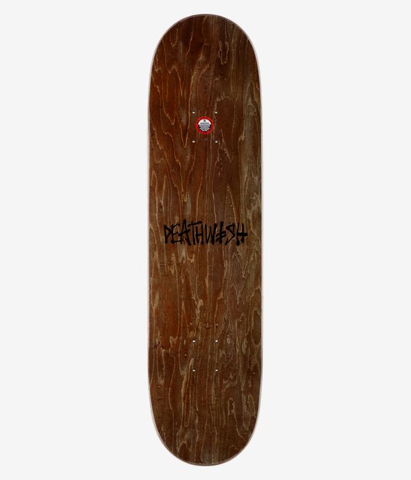 Planche de skateboard Deathwish Kirby Bloodhound 8,25 pouces, vue de dessus complète : planche au motif bois teinté marron, avec le logo « Deathwish » noir centré et un petit logo circulaire rouge et blanc près de la zone supérieure des trucks. Image studio nette ; fond blanc.