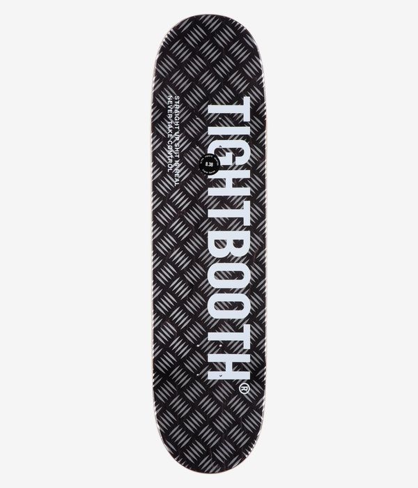 Tightbooth CP Logo 8,38"-Skateboard-Deck, Ansicht von oben: schwarzes Deck mit grauem Hintergrund in Form eines diagonalen Gittermusters und großem vertikalem weißem „Tightbooth“-Schriftzug; kleiner runder Aufkleber mit der Angabe „8,38"“. Sauberes Studiobild; weißer Hintergrund.