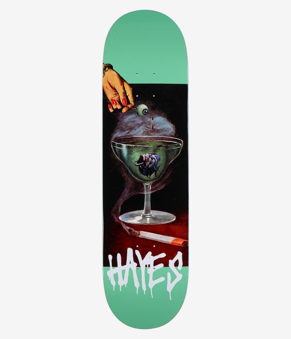 Deathwish Hayes After Dinner 8,38"-Skateboard-Deck, Ansicht von unten: türkisfarbene Ober- und Unterseite mit zentral platziertem surrealistischem Motiv – eine Hand mit roten Fingernägeln, die einen Augapfel über einem Stielglas mit grüner Flüssigkeit und einem blau-lila Fisch hält, dazu eine brennende Zigarette und ein großes weißes „HAYES“-Graffiti im unteren Bereich. Sauberes Studiobild; weißer Hintergrund.