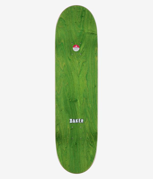 Baker Peterson Markenlogo Camo 8,25" Skateboard-Deck, Ansicht von oben: Deck aus massivem, grün gebeiztem Holz mit mittig platziertem weißem „Baker“-Schriftzug und einem kleinen roten runden Aufkleber im oberen Bereich. Sauberes Studiofoto; weißer Hintergrund.