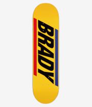 PALACE Brady Pro S44 : vue de dessous de la planche de skateboard 8" — planche jaune vif arborant un grand logo « Brady » noir en diagonale, encadré de bandes verticales rouges et bleues ; image studio nette ; fond blanc.