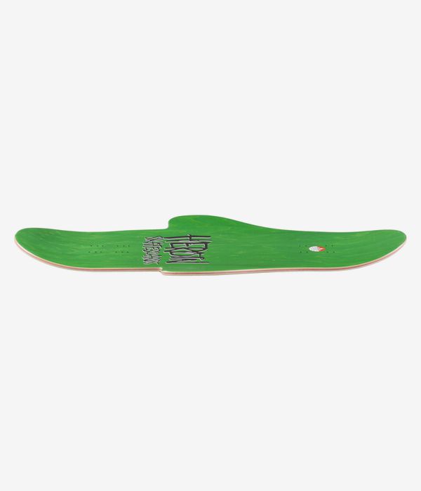 Heroin Skateboards Wingy Thingee 15.25" Skateboard Deck full-length profile view showing concave with upturned nose and tail, painted bright green with tan exposed edge and small red circular decal near tail. Clean studio image; white background.