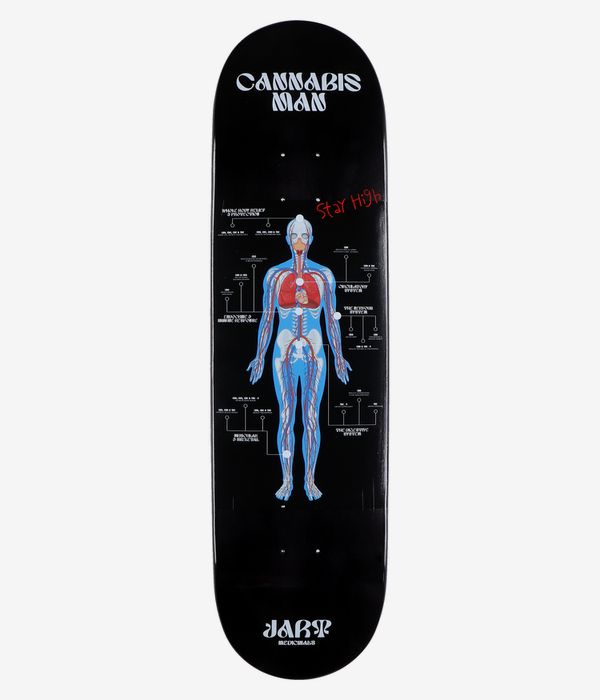 Planche de skateboard « Jart Stay High A Weed Cannabis Man » de 8,375 pouces, vue de dessous : planche noire unie avec, au centre, une illustration bleue représentant une silhouette anatomique ; inscription « Stay High » en rouge, écrite à la main ; textes « Cannabis Man » et « Jart Medicinals » en blanc. Image de studio nette ; fond blanc.