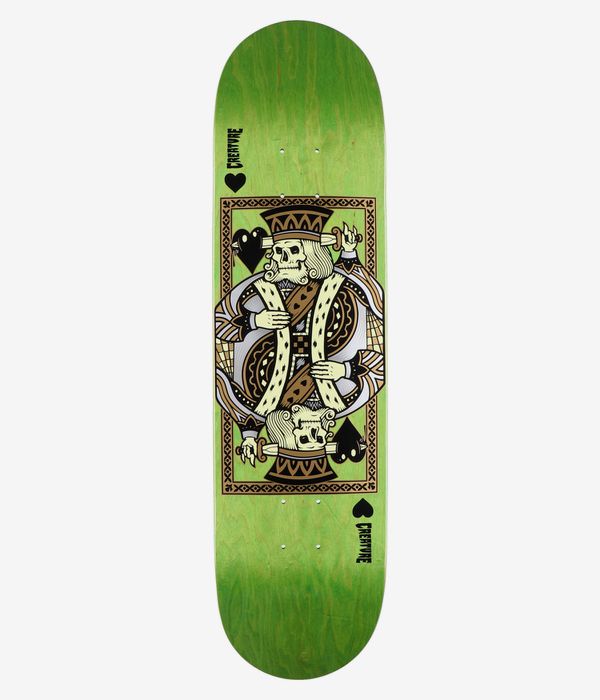 Creature Heshking Twin 8.2" Skateboard Deck, full bottom view — green stained wood-grain deck with centered vintage playing-card illustration: mirrored skull kings with crowns, black hearts and beige/black graphic; 'Creature' logo visible. Clean Studio image; white background.