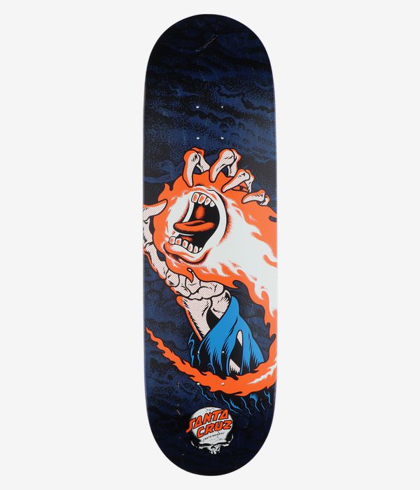 Santa Cruz OBrien Reaper Hand VX 9" Skateboard Deck, full bottom view: dark navy blue deck with large central cartoon screaming face/hand motif, orange flames, white highlights and small Santa Cruz skull logo; clean studio image; white background
