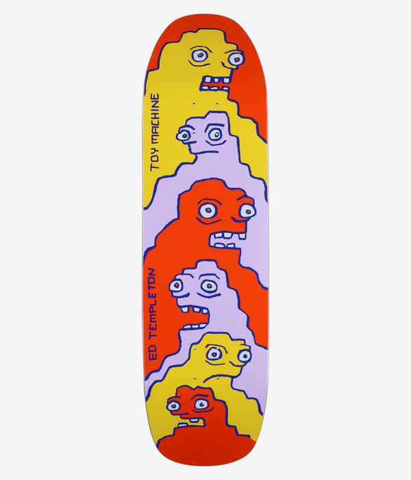 Toy Machine Templeton Glob Shaped 9" Skateboard Deck — full bottom view showing multicolor underside with stacked cartoon monster faces in yellow, lavender and red outlined in blue; 'Toy Machine' and 'Ed Templeton' vertical text. Clean studio image; white background.
