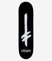 Deathwish Gang Spray CC 8,25"-Skateboard-Deck, Ansicht von unten – schwarzes Deck mit einem großen, vertikalen Logo im weißen Pinselstrich-Stil und dem weißen Schriftzug „DEATHWISH“ im Graffiti-Stil nahe dem Tail. Klares Studiobild; weißer Hintergrund