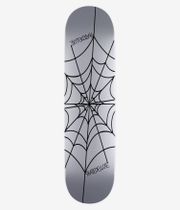 Planche de skateboard Skatedeluxe Spider Twin Nose 8", vue de dessous complète — planche gris clair avec un motif radial noir représentant une toile d'araignée au centre et le petit texte noir « Skatedeluxe » ; image studio nette ; fond blanc