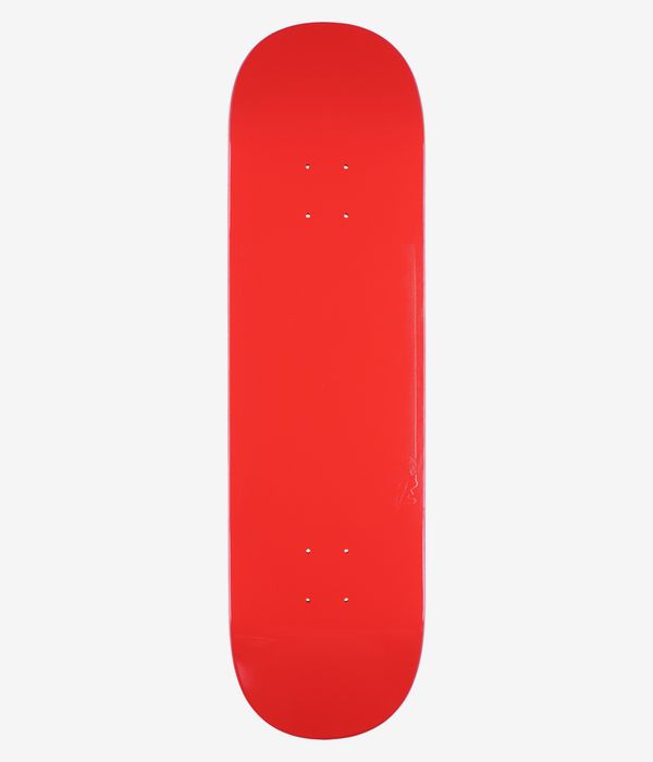 Fucking Awesome Ave Embossed Photo Shape #1 8.5" Skateboard Deck, full bottom view — solid bright red underside with visible embossed truck mounting holes; clean studio image; white background