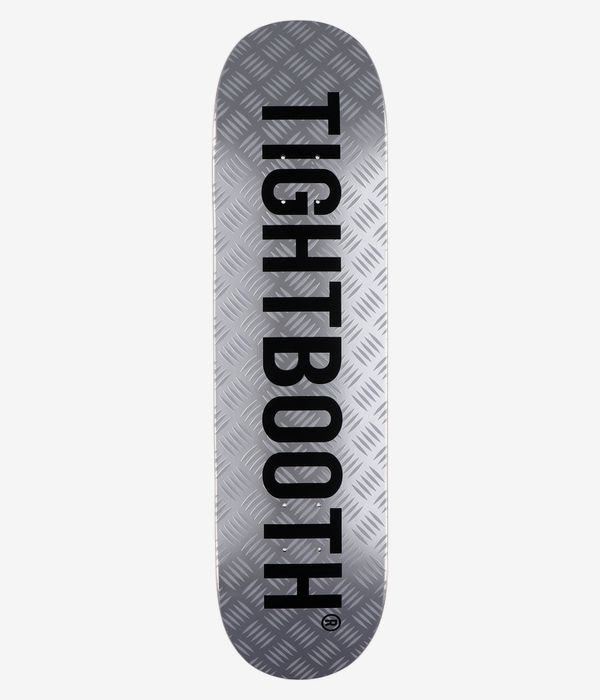 Tightbooth CP Logo 8,38" Skateboard-Deck, Ansicht von unten: silbergraue Riffelblech-Struktur mit großem vertikalem schwarzem „Tightbooth“-Schriftzug in der Mitte. Klares Studiobild; weißer Hintergrund.