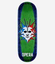 Opera Fatties Torn Spike 10" Skateboard Deck, full bottom view: green stained-wood base with wood-grain, centered white stylized face graphic with black outlines and red/blue spikes, blue border and OPERA logo. Clean Studio image; white background