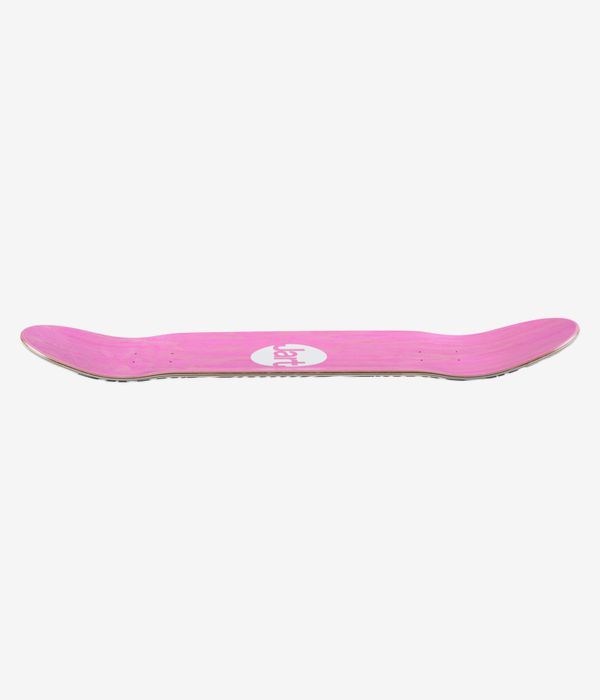 Jart Ginwoo Spiral 8"-Skateboard-Deck in leuchtendem Pink, Ganzlängenansicht, die die Wölbung sowie die nach oben gebogene Nose und das Tail zeigt, mit einem kleinen weißen, runden Logo nahe der Mitte. Klares Studiofoto; weißer Hintergrund.