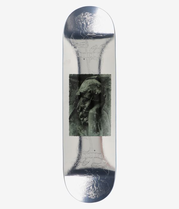 Poetic Collective Thinking About You 8.5" Skateboard Deck, full bottom view: white reflective deck with centered rectangular photographic green-toned statue bust and subtle tone-on-tone embossed floral outlines. Clean studio image; white background