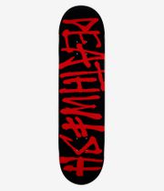 Deathwish Deathspray CC 8,25" Skateboard-Deck – Ansicht von unten: schwarze Deckunterseite mit großem, auffälligem roten Schriftzug/Logo im Spray-Paint-Stil, das vertikal in der Mitte verläuft; klares Studiobild; weißer Hintergrund