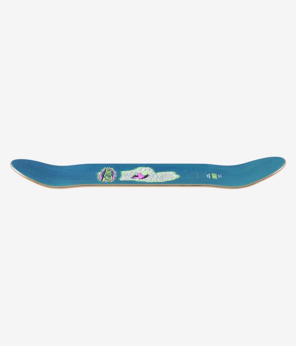 Santa Cruz Scribble Head FeelBase 7,75"-Skateboard-Deck – Profilansicht in voller Länge, die die Konkavität, die Nose und das Tail zeigt; einfarbig blaue Deckoberfläche mit kleiner türkisfarbener, rosa und weißer Grafik nahe der Mitte. Klares Studiobild; weißer Hintergrund.