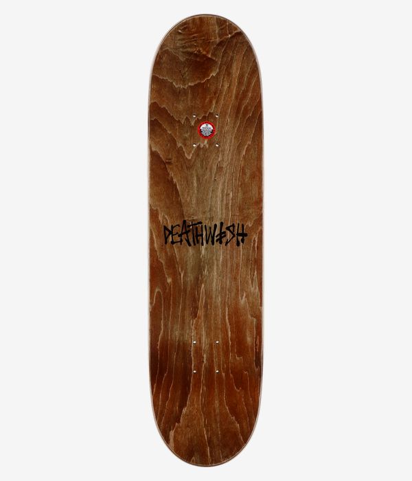 Deathwish Heat 8,25"-Skateboard-Deck, Ansicht von oben: naturbraune Holzmaserung mit zentriertem schwarzem „Deathwish“-Schriftzug und kleinem rotem, rundem Emblem nahe der Nose. Klares Studiofoto; weißer Hintergrund.