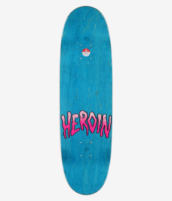 Heroin Skateboards Mini Egg Holographic 8.38" Skateboard Deck, full top view: blue stained wood-grain surface with large pink dripping "Heroin" wordmark outlined in black with white dotted highlights. Clean studio image; white background
