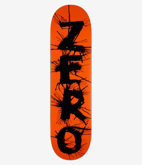 Zero Disorder 30 Years Reissue 8,25"-Skateboard-Deck, Ansicht von unten: einfarbiges, leuchtend orangefarbenes Deck mit großen schwarzen „DRIPPY“-Buchstaben im Splatter-Stil, die vertikal das Wort „DISORDER“ bilden; klares Studiobild, weißer Hintergrund